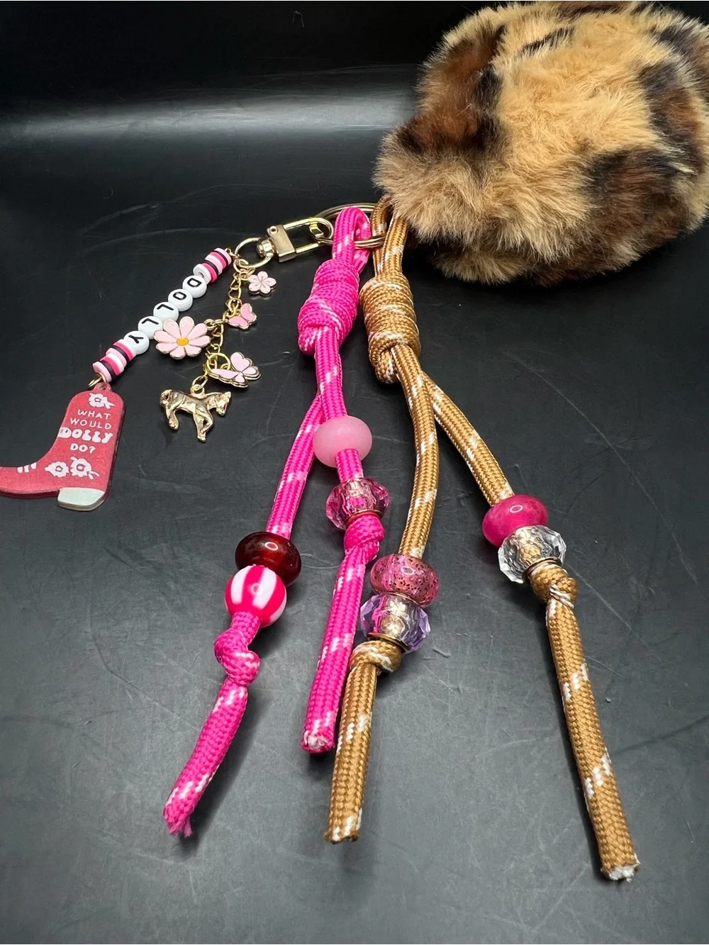 Dolly Inspired Gold Cheetah Heart Fur Pom Bag Charm Keychain 🐎💗